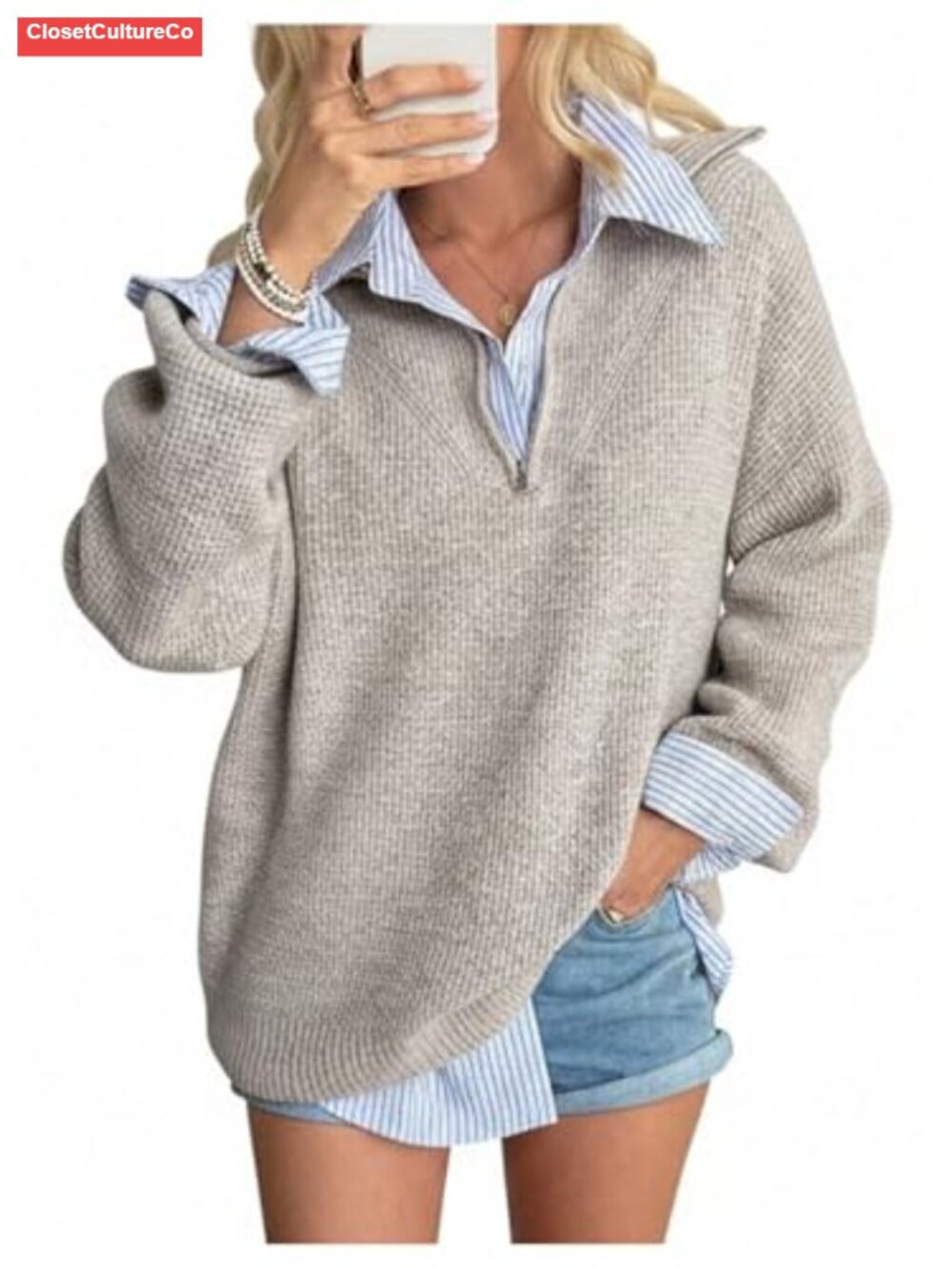 Women's Quarter Zip Long Sleeve Collared Pullover Sweater Rib Knit